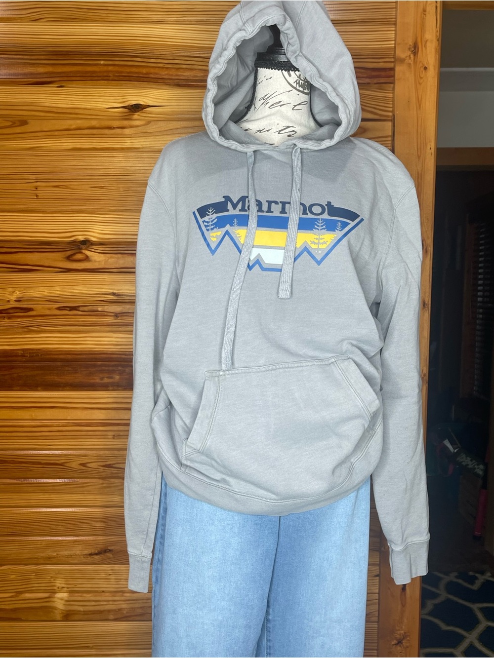 Marmot Light Gray Pullover Hoodie with Blue and Yellow Logo